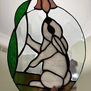VTG Leaded Glass Oval Stained Glass Rabbit & Flower 10" x 7" Handcrafted